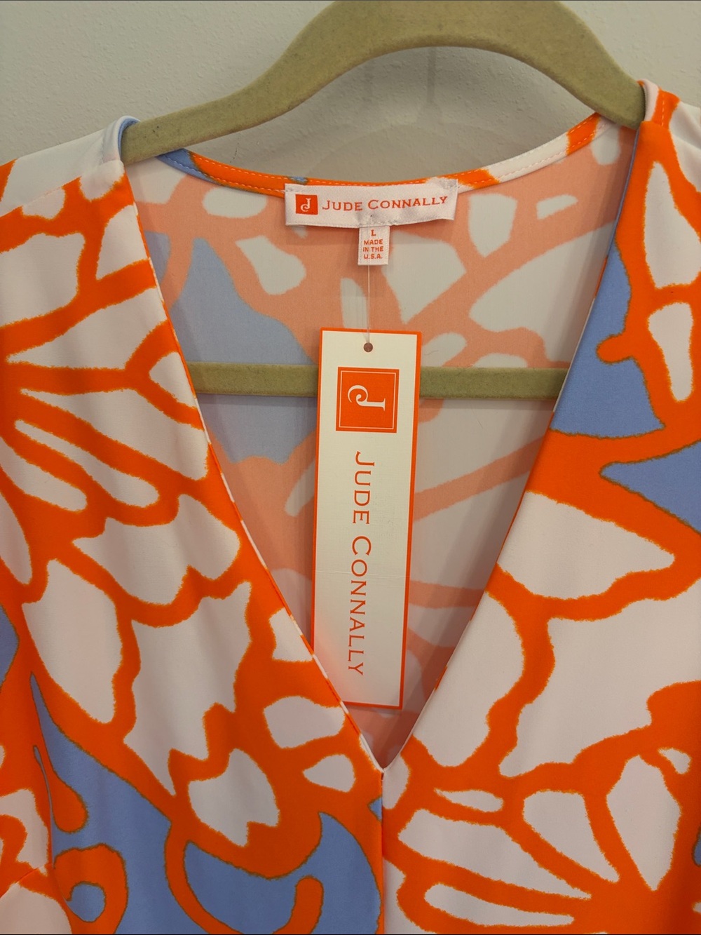 Jude Connally Floral-Abstract V-Neck Dress in Orange, Periwinkle & White NWT